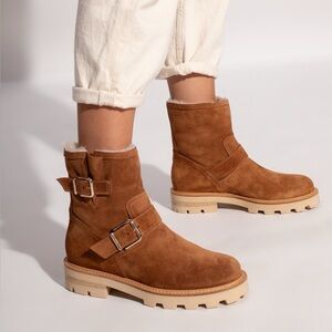 Jimmy Choo Youth II Biker Boots Shearling Lined Tan Leather Size 36